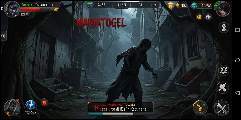 Tangkapan layar gameplay MARIATOGEL menampilkan suasana horor yang mencekam.