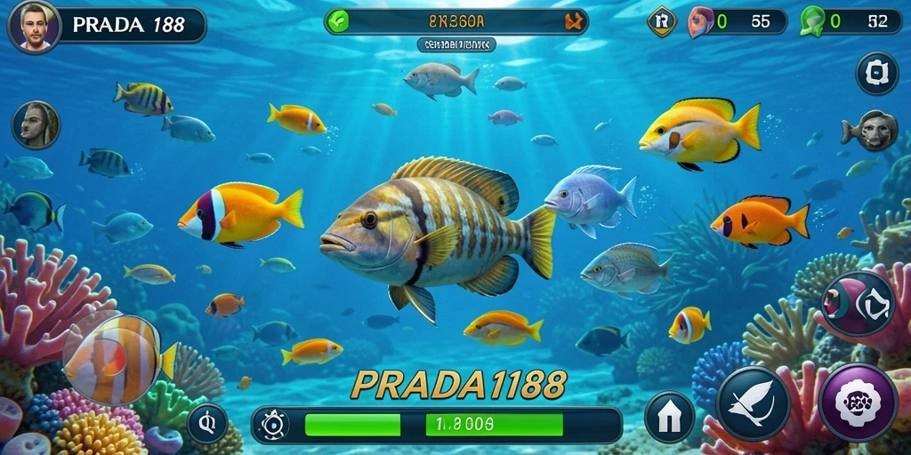 Tangkapan layar gameplay seru PRADA188 menunjukkan aksi menembak ikan yang mendebarkan.